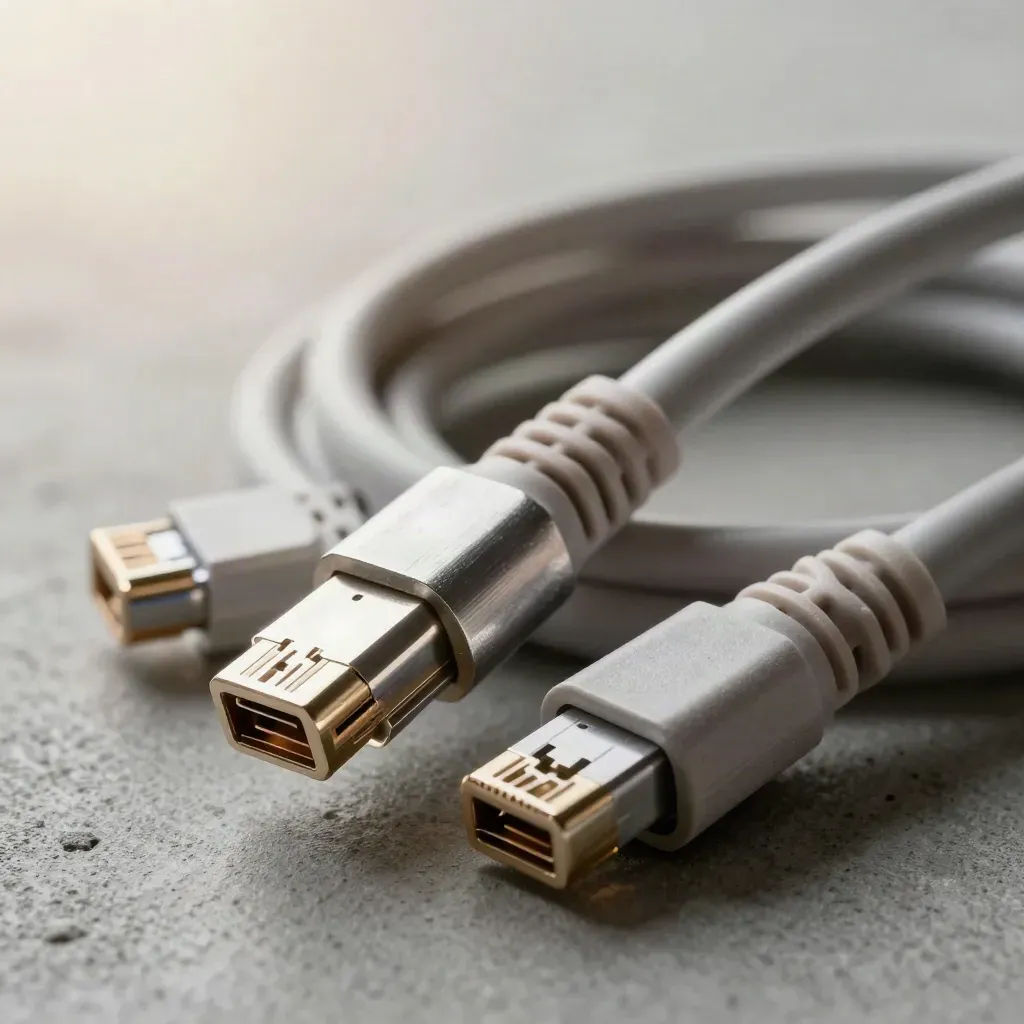 Pętla kabla Ethernet, metalowy adapter i dwa docki na chłodnym betonie.