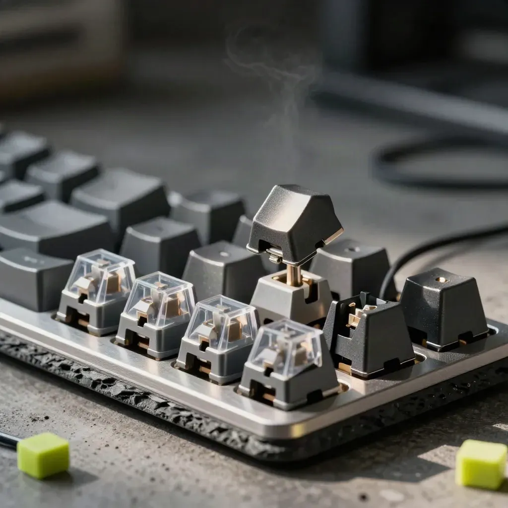 Modułowe keycapy, opaska i tacka ze switchami na ciemnym, kamiennym blacie.