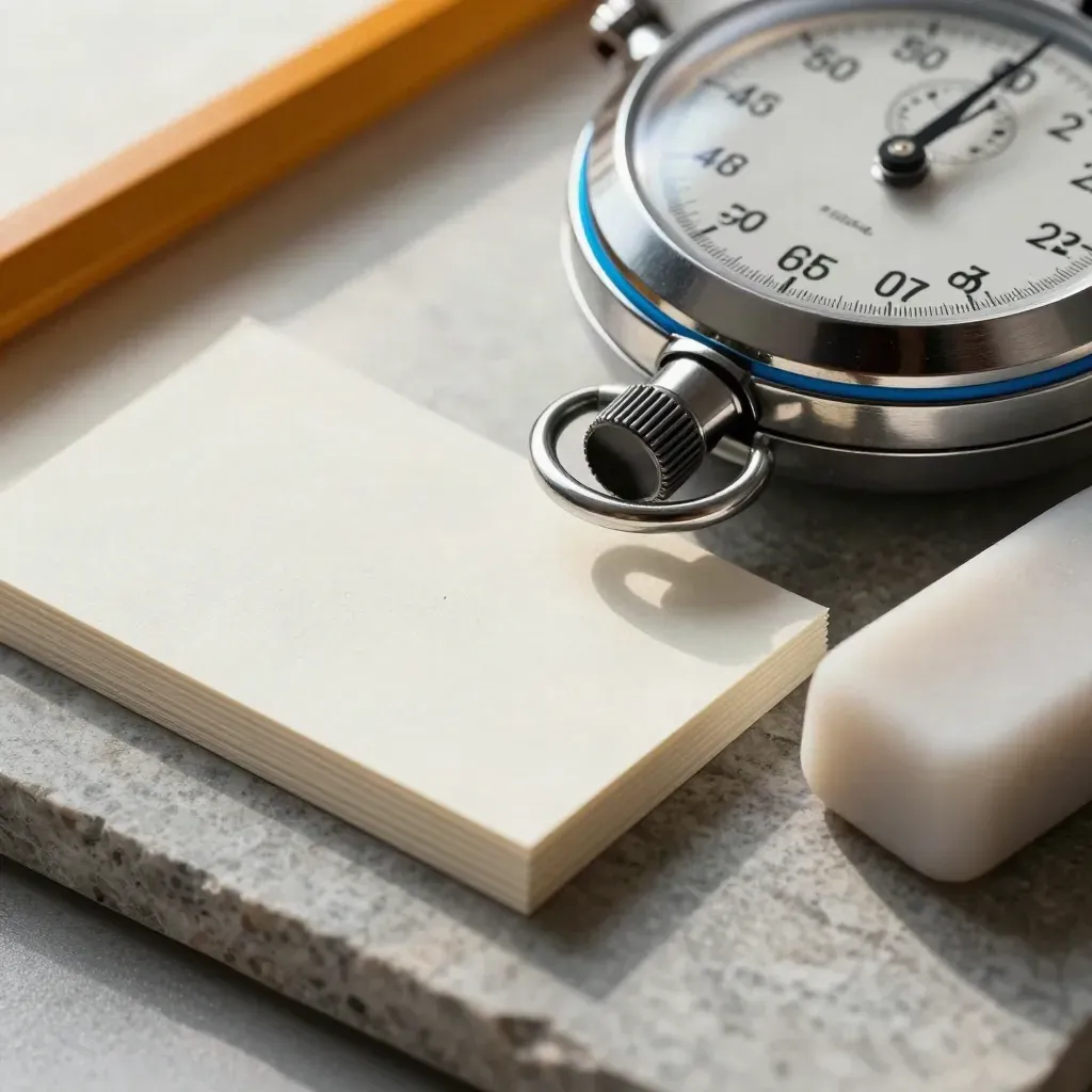 Stopwatch, ołówek, gumka i kartki indeksowe na kamiennym tle przed nauką do egzaminu.